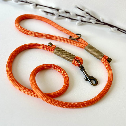 orange rope dog lead with binding and antique brass hardware