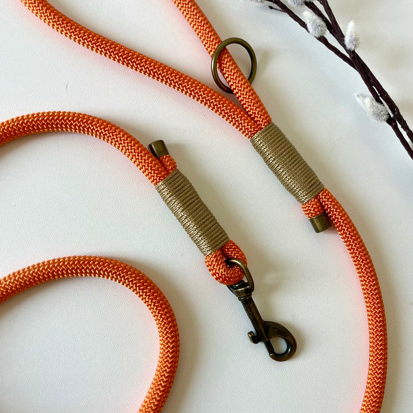 orange rope dog lead with binding and antique brass hardware