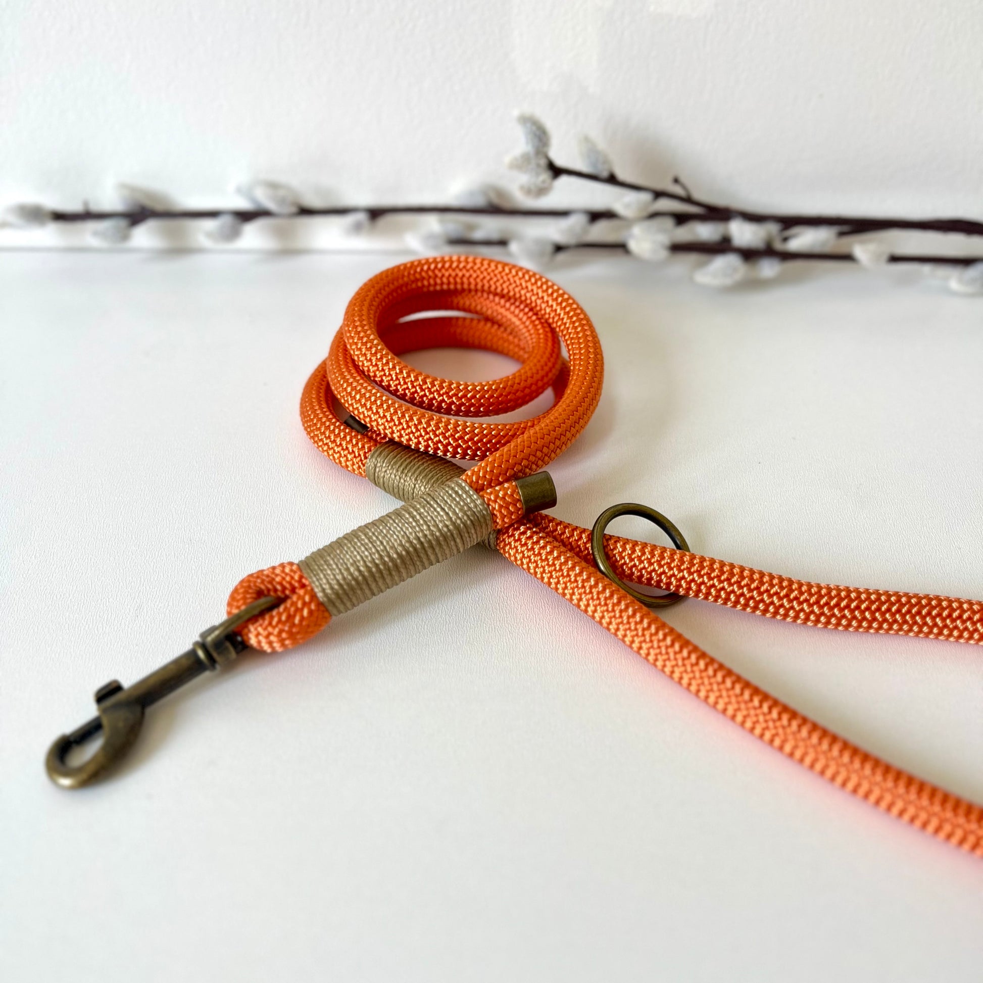 orange rope dog lead with binding and antique brass hardware with twigs in the background