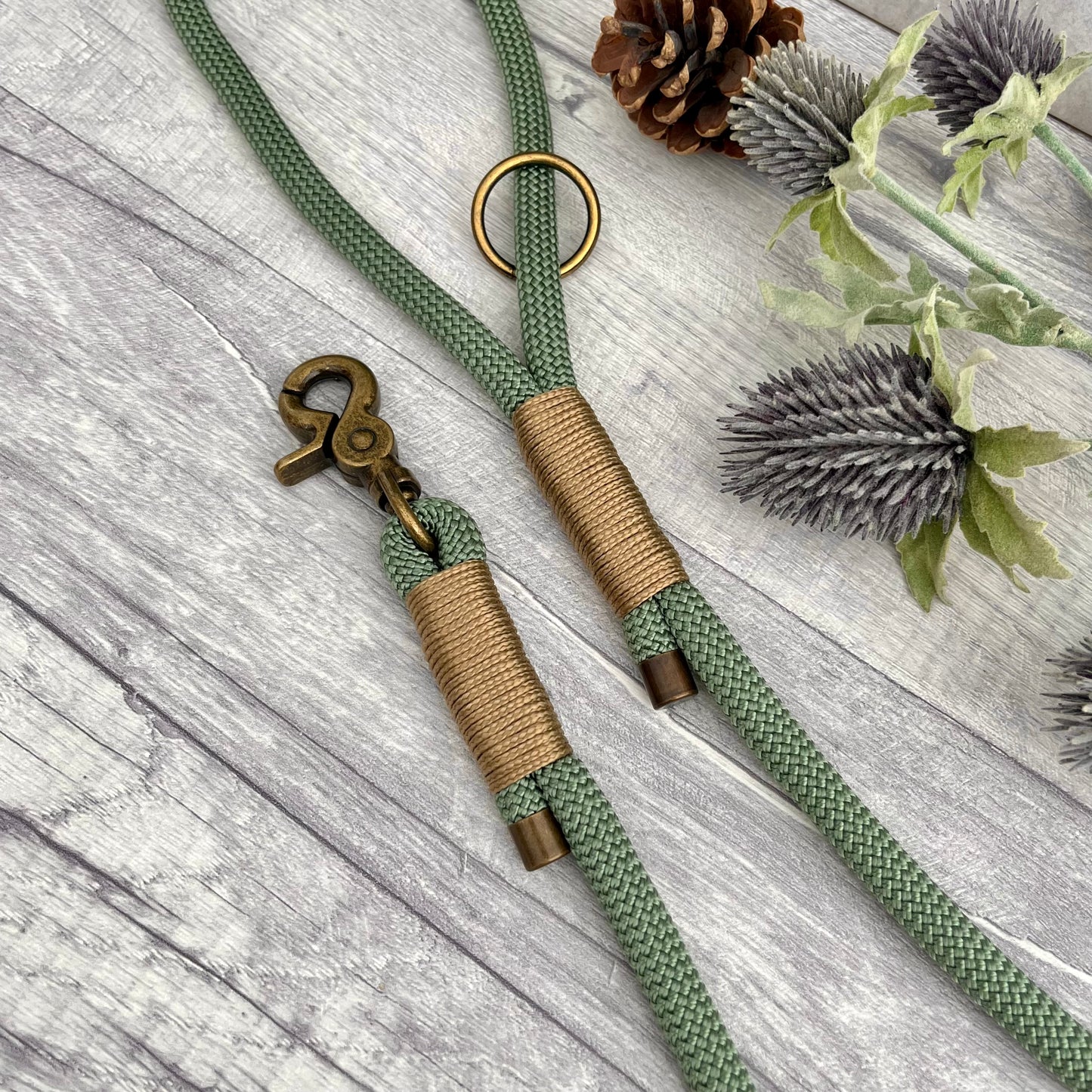Foggy Green Paracord rope lead with Sea Green whipping securing each end together. At each end of the rope there is a metal end cap, a clip to connect to a collar at one end and a O-ring fixed to the handle. All hardware is Antique Brass