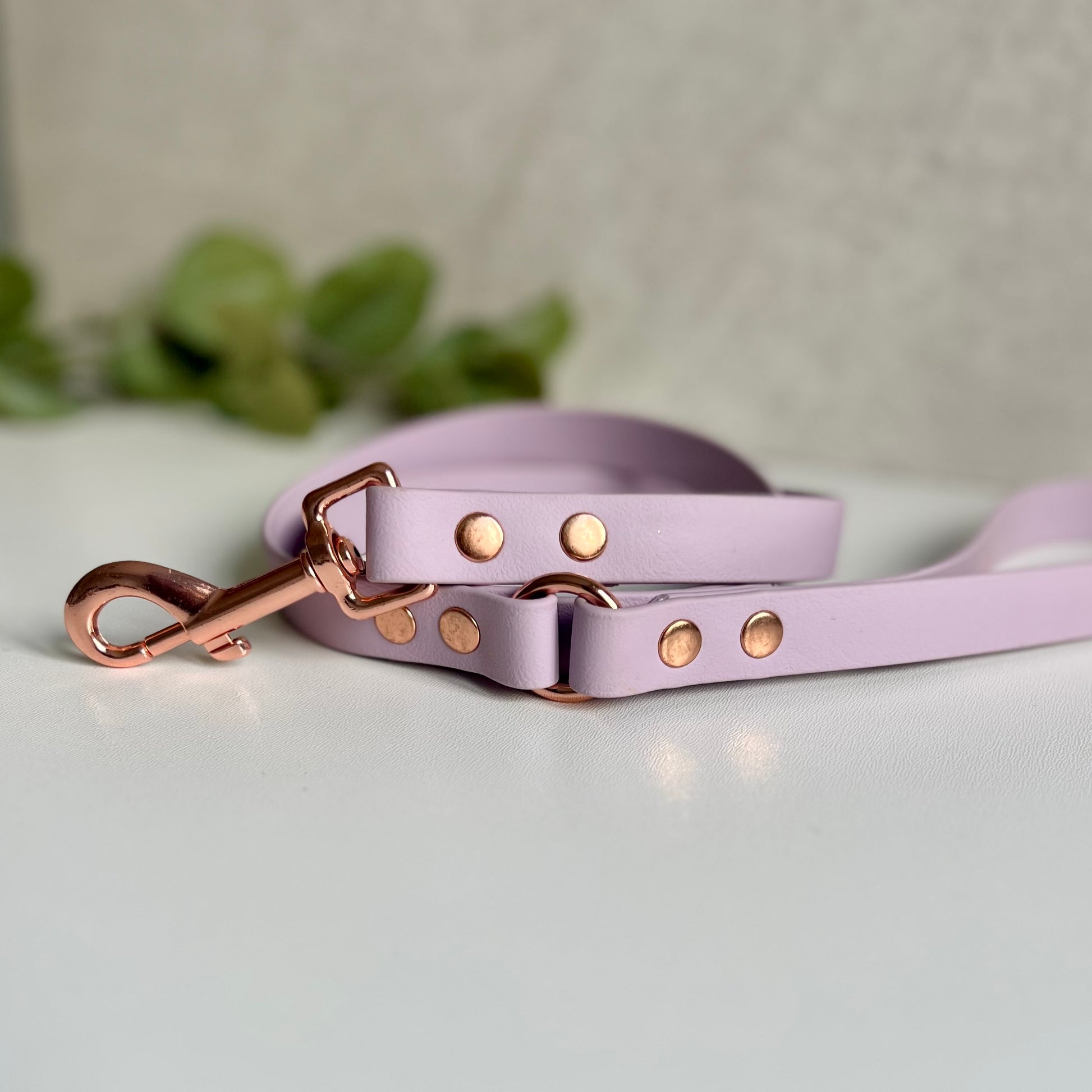 Lavender BioThane dog lead with Rose Gold hardware. The lead and handle are joined by an O-ring, each end is fixed with two rivets.