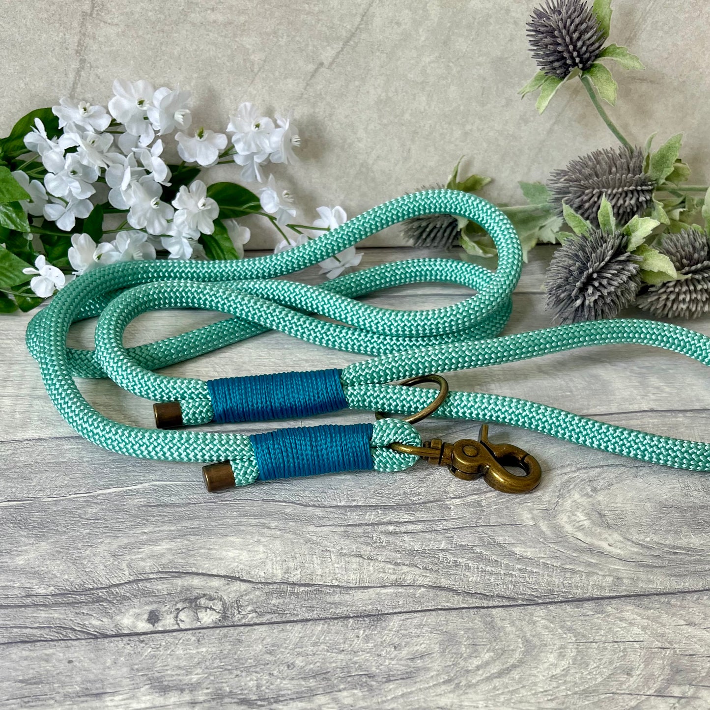 Sea Green rope lead with Aqua coloured whipping securing a swivel clip at one end and fastening a handle at the other. The handle has an O-ring attached. Each end of the rope is finished with a metal end cap. All hardware for this lead is in Antique Brass