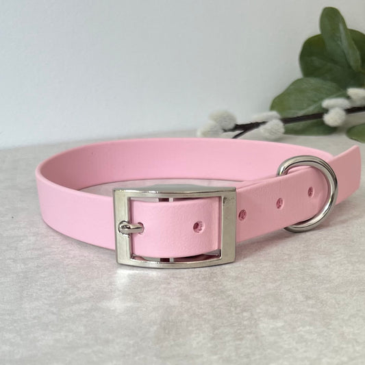 Pink collar with Silver buckle and D-ring. The collar is fastened and has 5 punched holes spaced 2cm apart