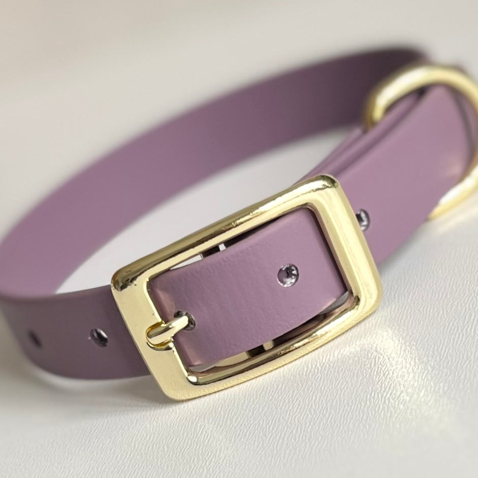 Mauve biothane dog collar with a gold buckle