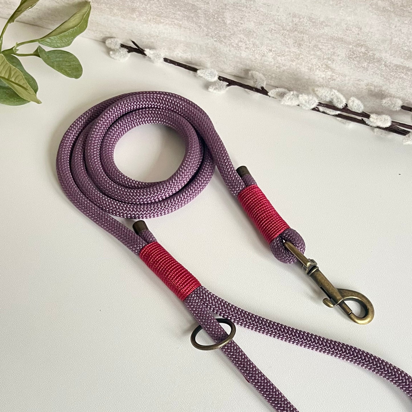 Mauve rope dog lead with antique brass hardware and Raspberry whipping