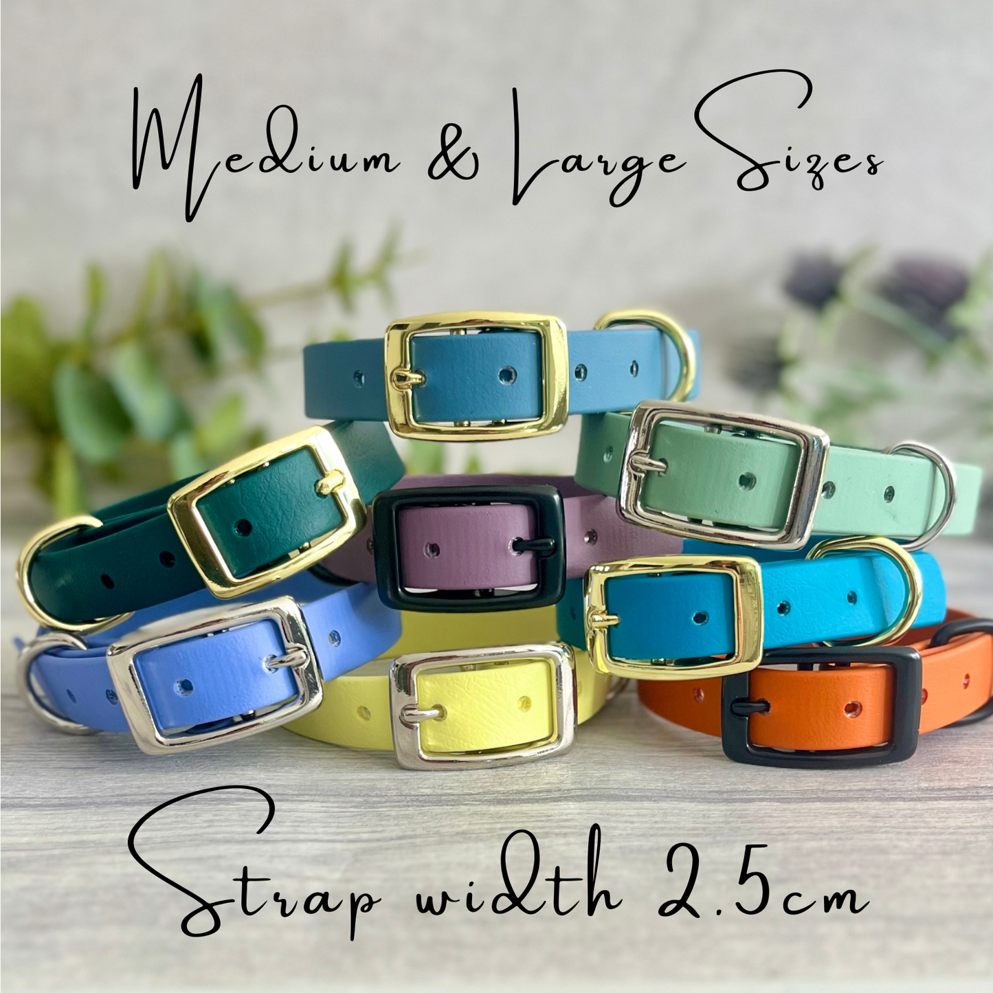 A collection of Biothane collars stacked on top of each other in a selection of colour choices. Shown in different colours of biothane and hardware, for you to design your own. All with a buckle, D-Ring. They have a soft leather appearance.