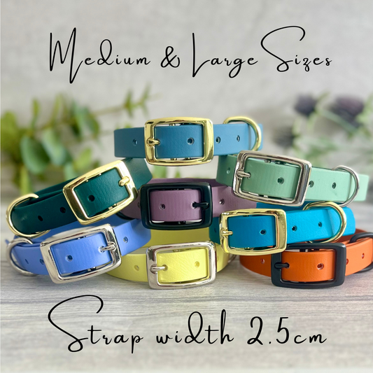 A collection of Biothane collars stacked on top of each other in a selection of colour choices. Shown in different colours of biothane and hardware, for you to design your own. All with a buckle, D-Ring. They have a soft leather appearance.