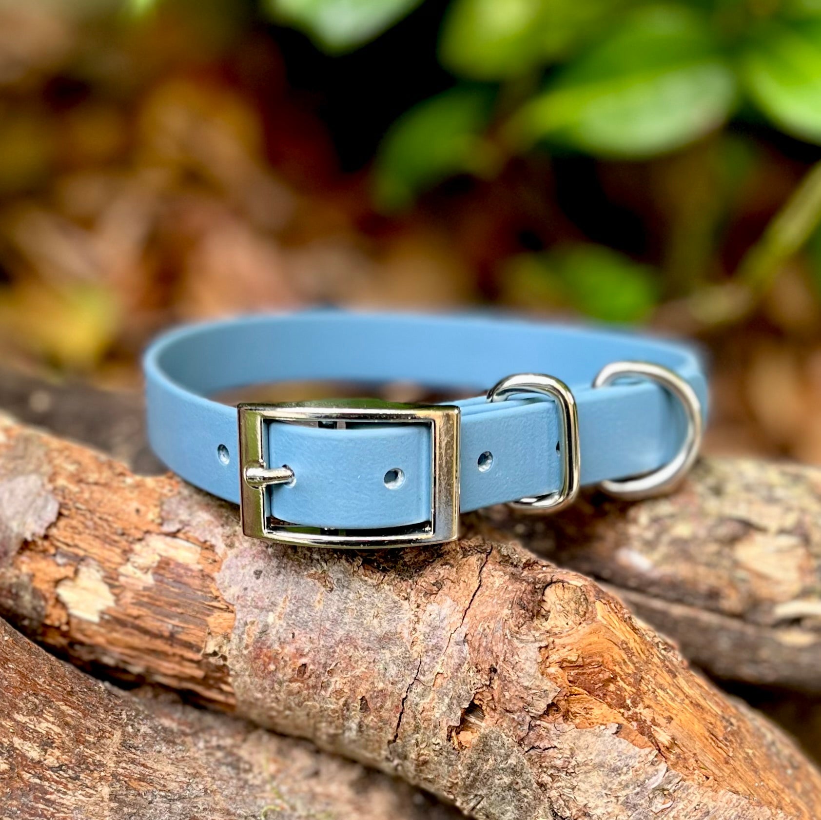 Blue biothane dog collar with a silver buckle on a wooden log