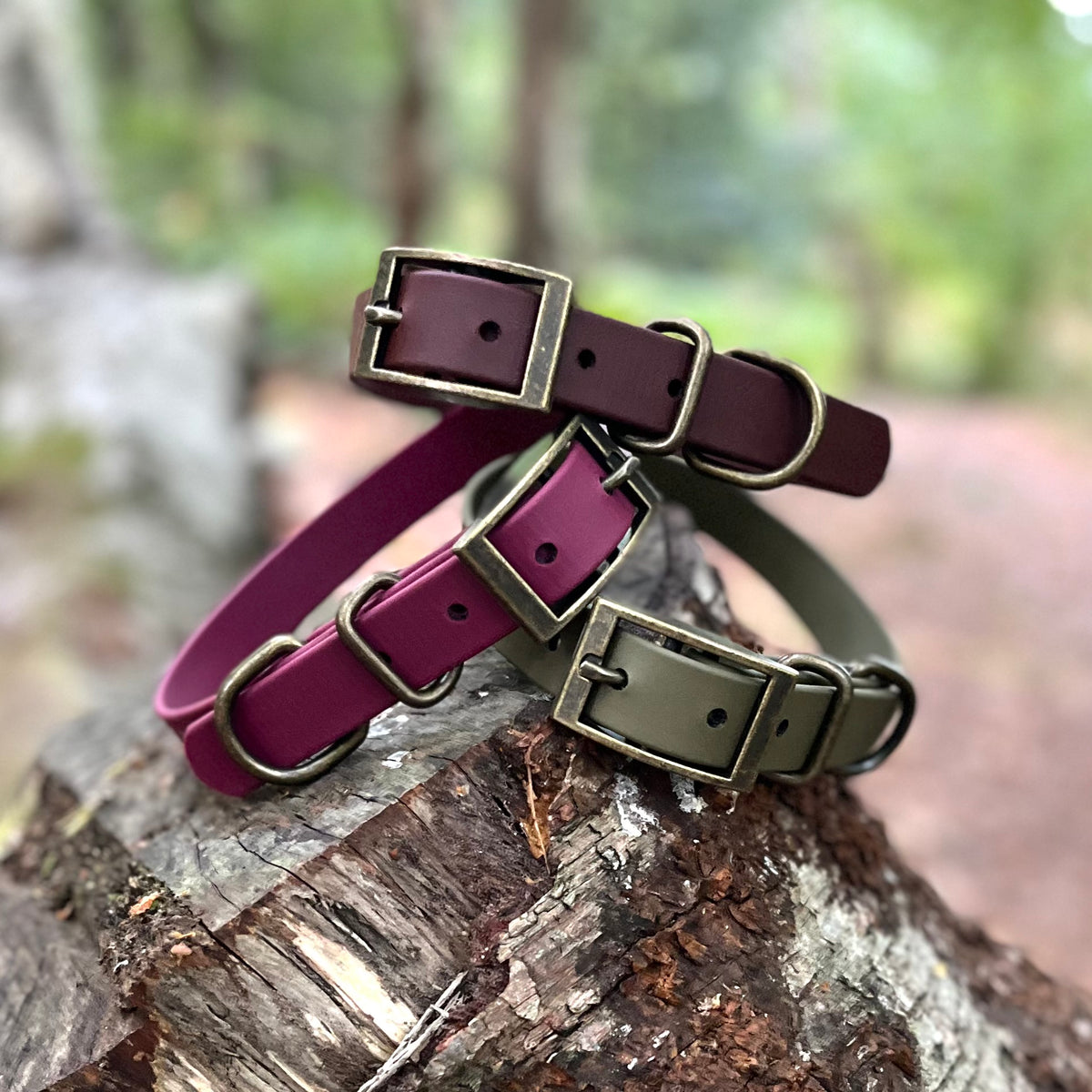 Three Biothane dog collars in burgundy, wine red, and olive green, stacked on a rustic log with a blurred forest background.
