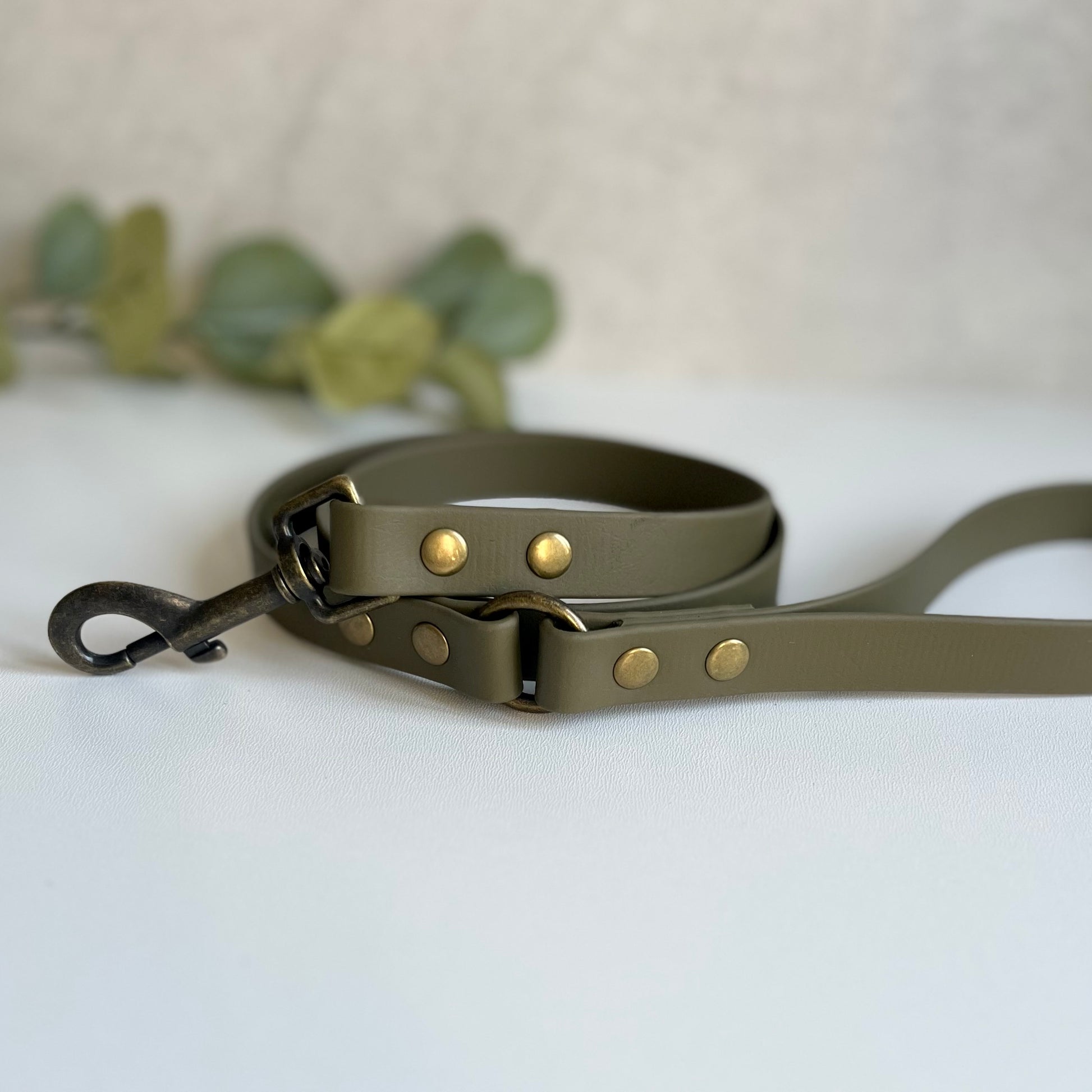 Military Olive Green Biothane lead with Antique Brass Hardware. An O-ring connects the handle to the lead with double ended rivets fixing it together. A Snap Clip is fixed with double ended rivets. The lead has a soft leather appearance.