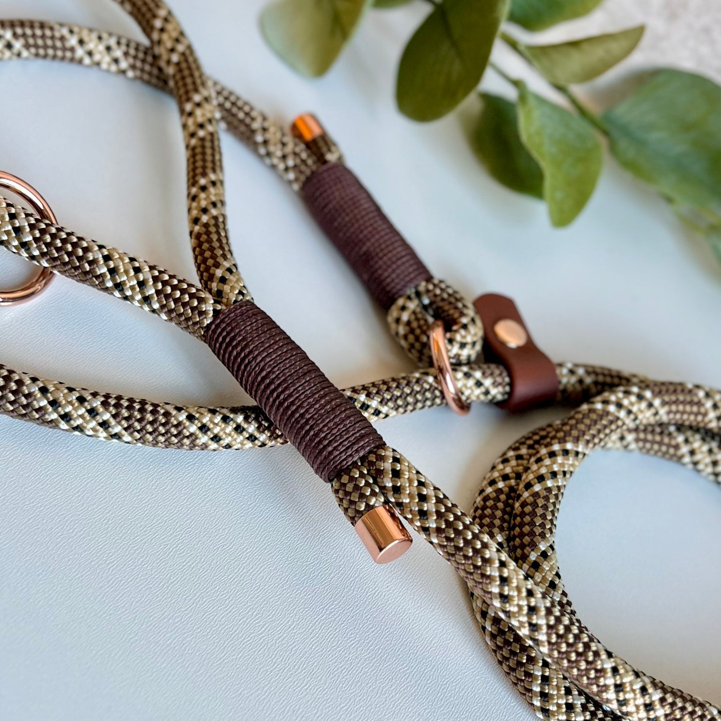 Brown rope dog lead with binding and antique brass hardware on a white surface