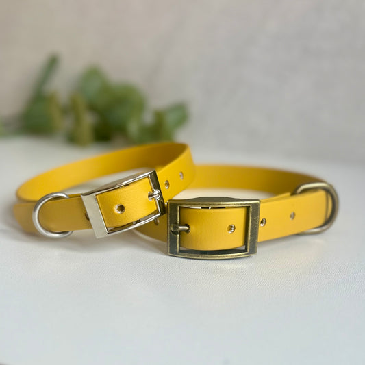 Biothane collars in Mustard Yellow with Antique Brass & silver buckle and a D-ring. The collar has 5 holes which are spaced 2cm apart. Soft leather appearance