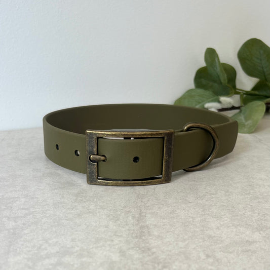 Olive Green Biothane dog collar with Antique Brass hardware. The collar is fastened with a buckle and has a d-ring. There are 5 punched holes spaced 2cm apart.