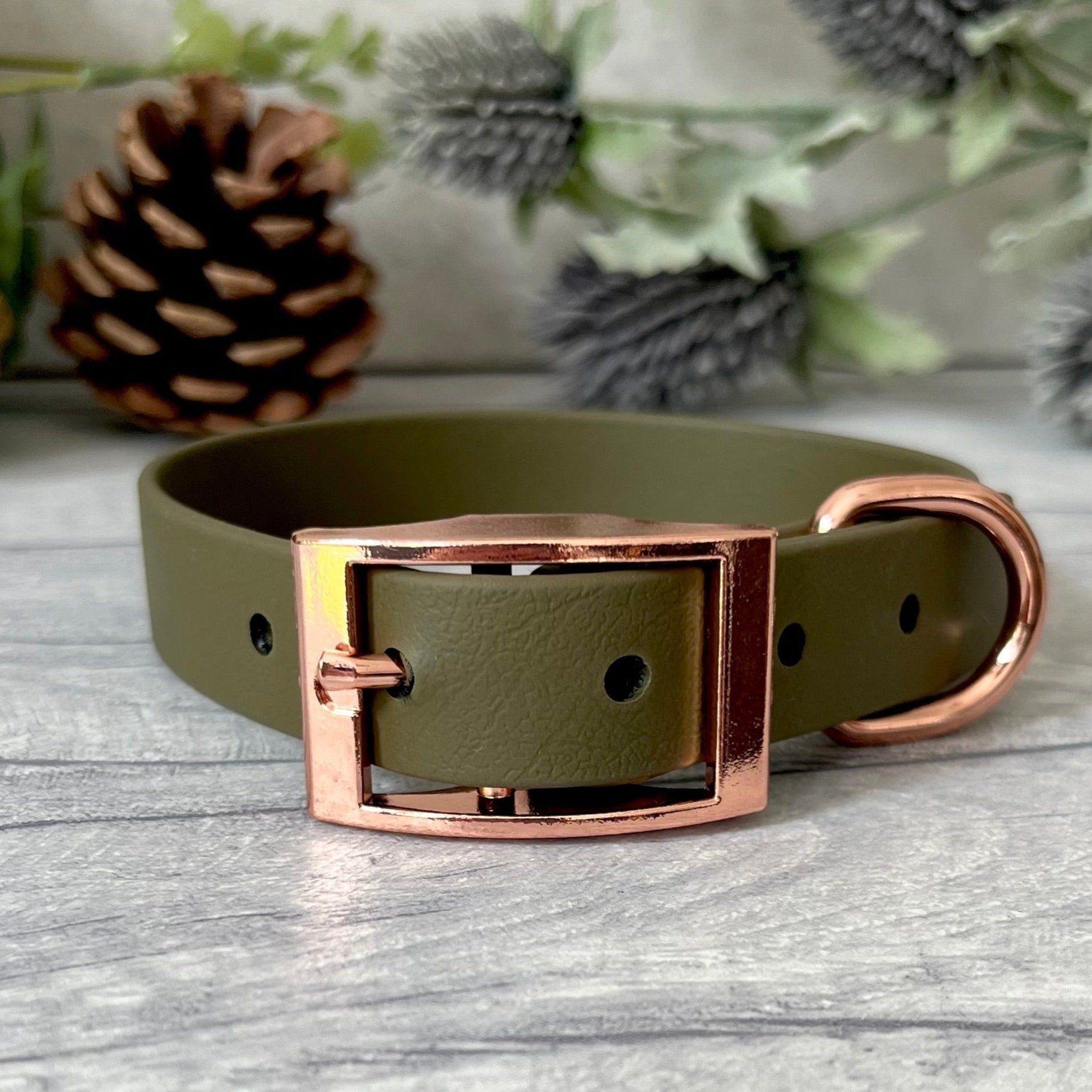 Olive Green Biothane dog collar with Rose Gold hardware. The collar is fastened with a buckle and has a d-ring. There are 5 punched holes spaced 2cm apart.