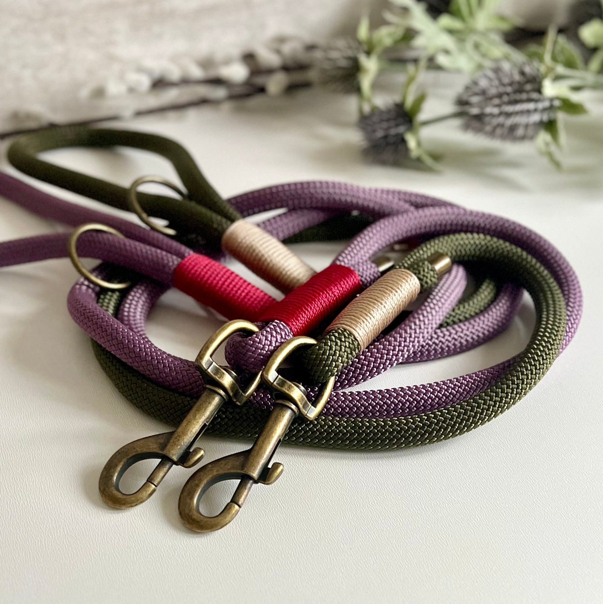 two rope dog leads with antqiue brass hardware