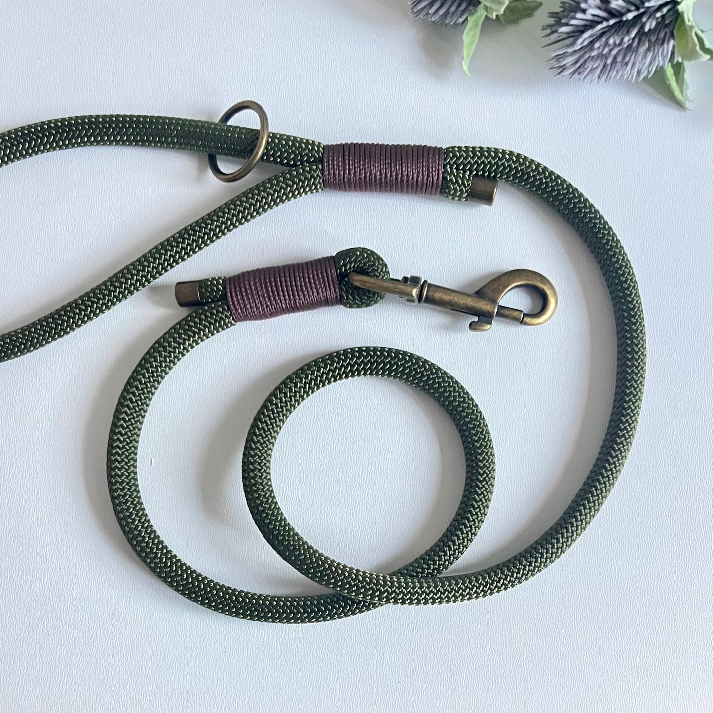 Olive green rope dog lead with antique brass hardware and brown whipping