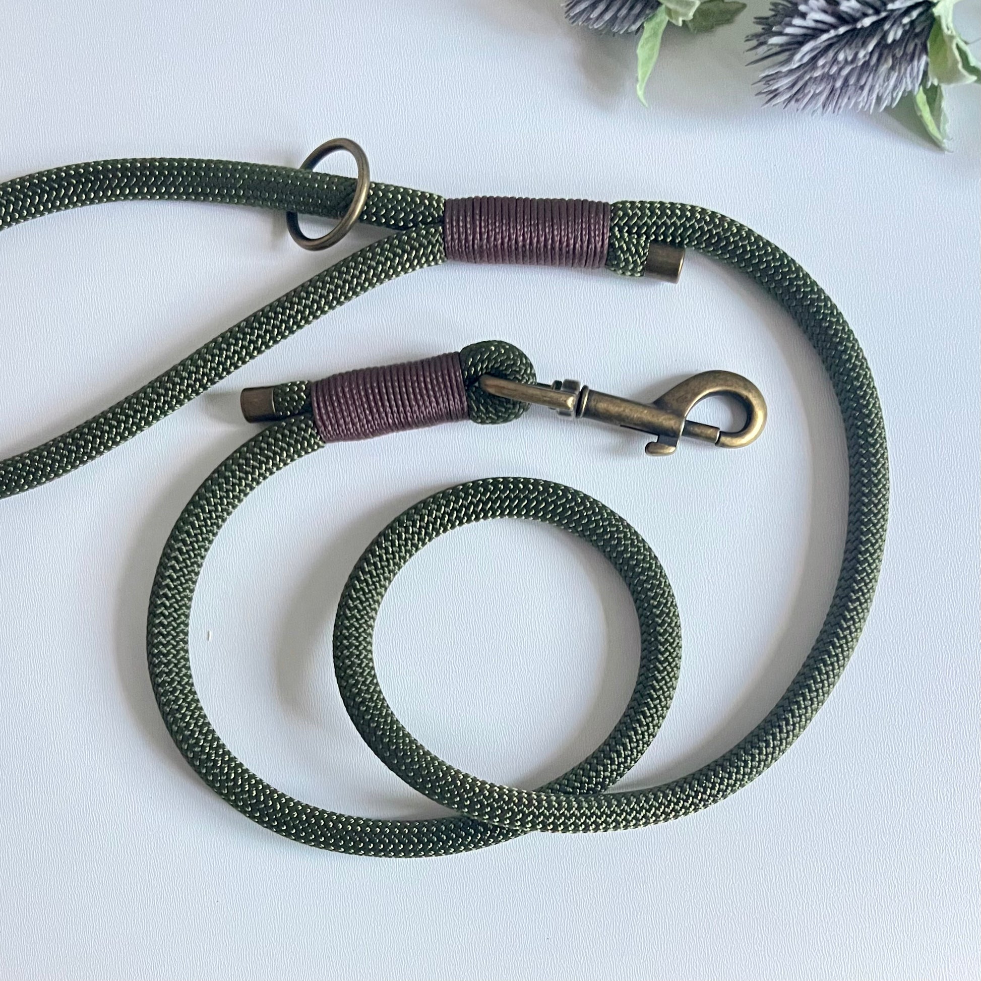 Olive green rope dog lead with antique brass hardware and brown whipping