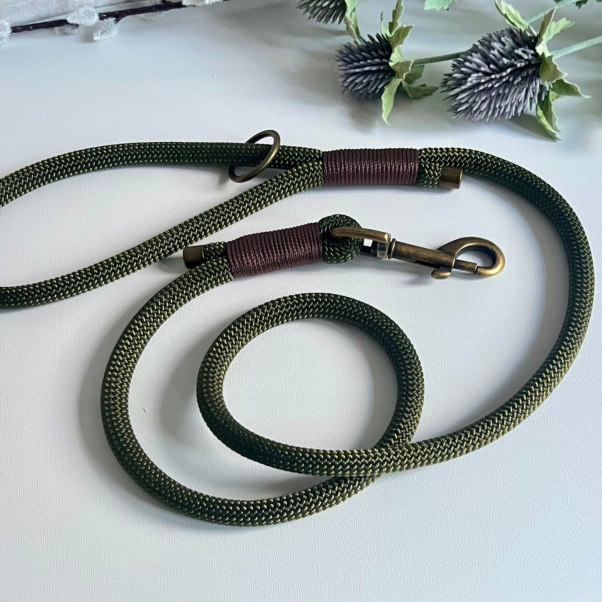 Olive green rope dog lead with antique brass hardware and brown whipping