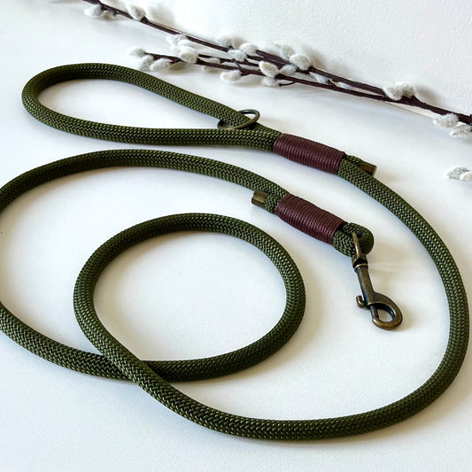 An olive green rope dog lead with brown binding and antique brass hardware sitting on a white surface