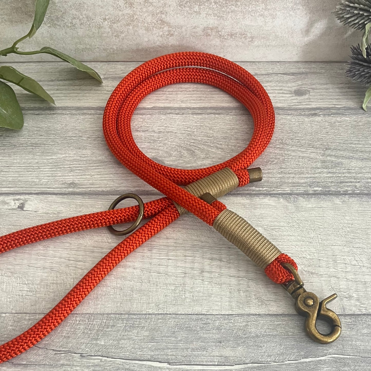 Orange rope dog lead with antique brass hardware on a wooden surface