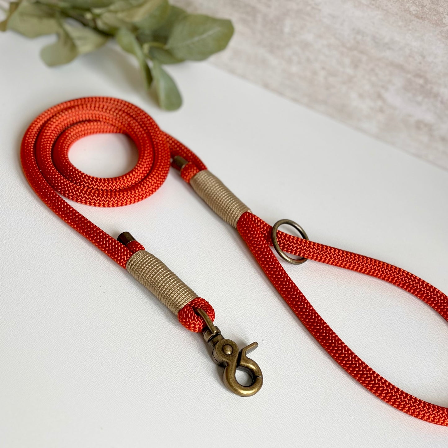 Orange rope dog lead with antique brass hardware on a white surface with leaves in the background