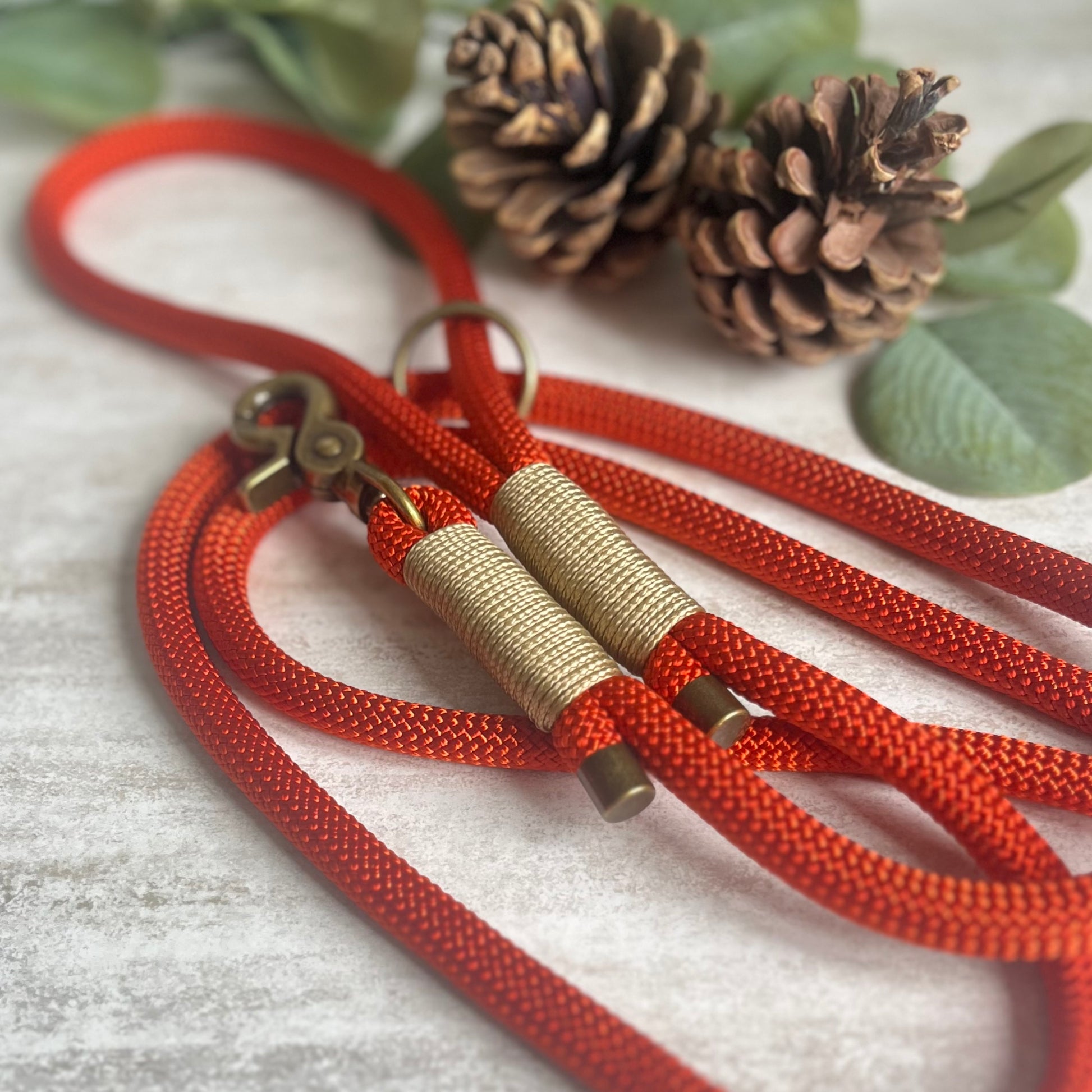 Orange rope dog lead with antique brass hardware on a wooden surface with pine cones in the background