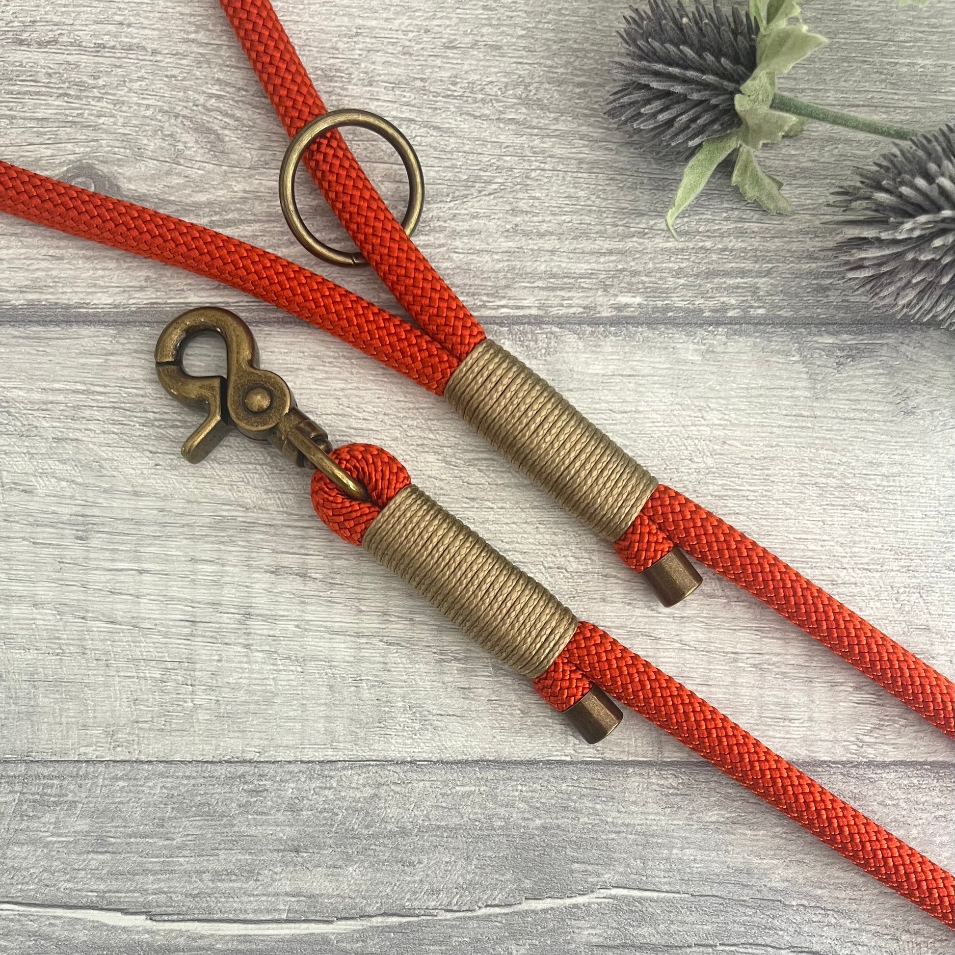 Orange rope dog lead with antique brass hardware on a wooden surface