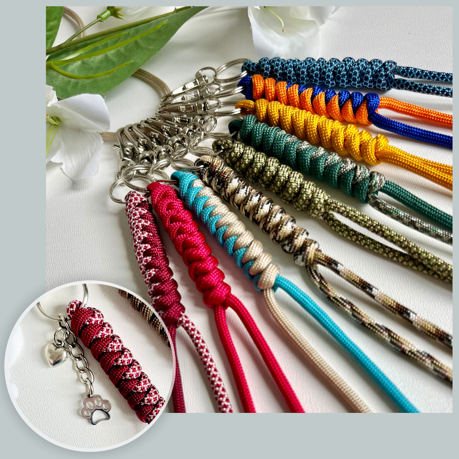 Colorful braided paracord keychains on a white surface with a close-up on charms inset.