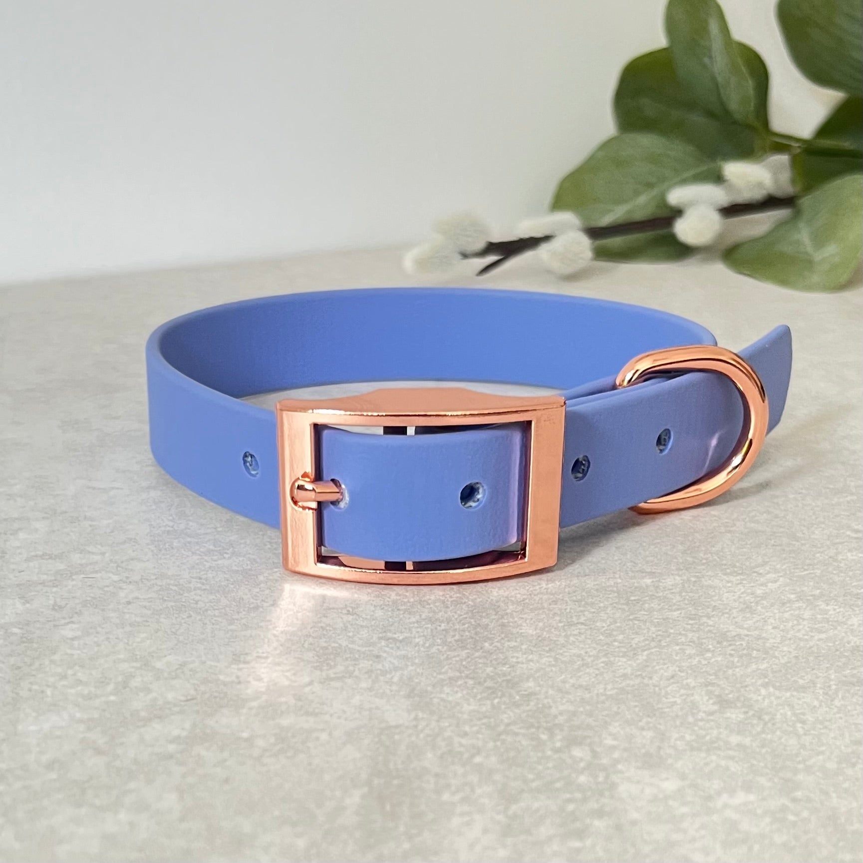Biothane custom collar in Periwinkle with Rose Gold buckle and aD-ring. The collar has 5 holes which are spaced 2cm apart. Soft leather appearance