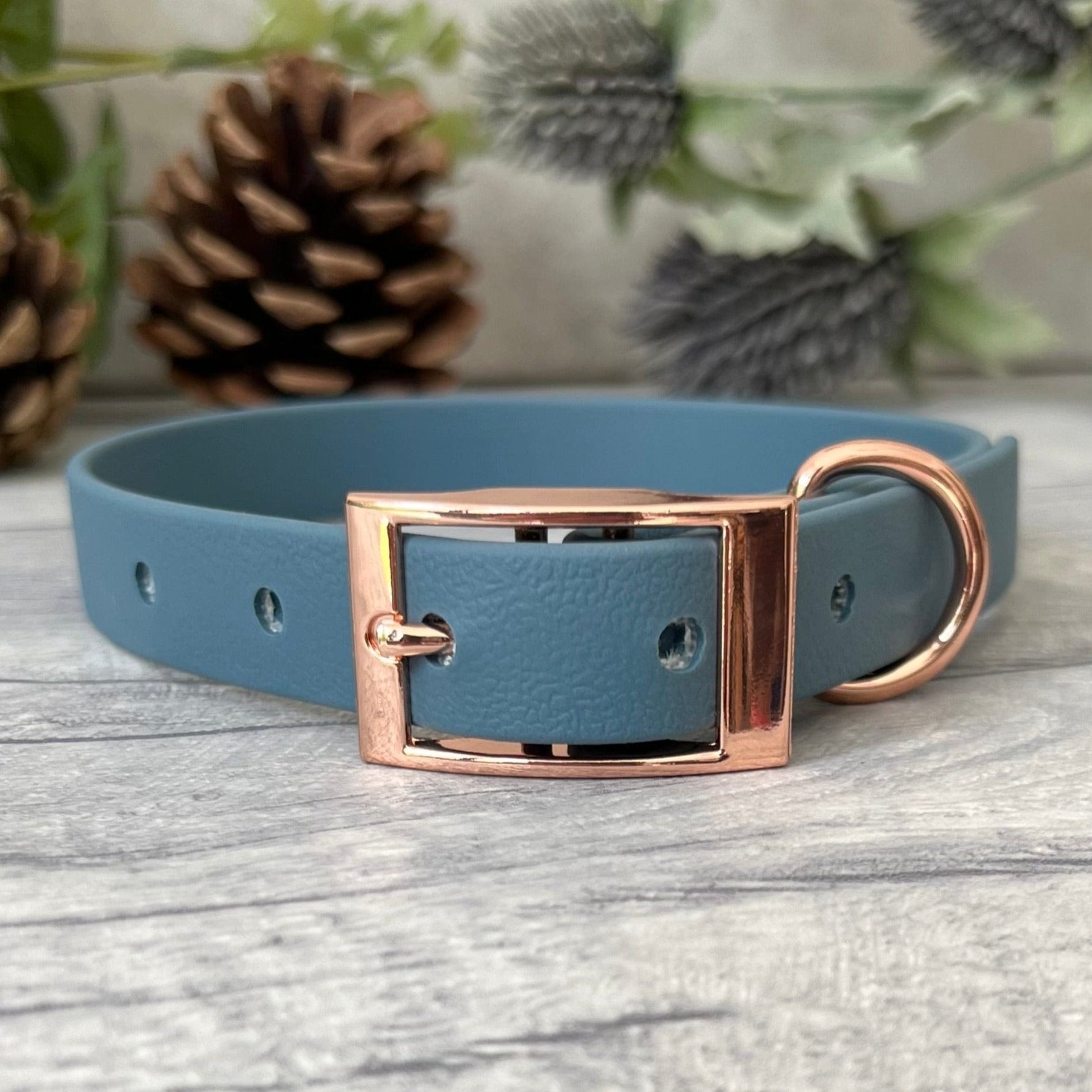 Petrol Blue Biothane dog collar with Rose Gold hardware. The collar is fastened with a buckle and has a d-ring. There are 5 punched holes spaced 2cm apart.