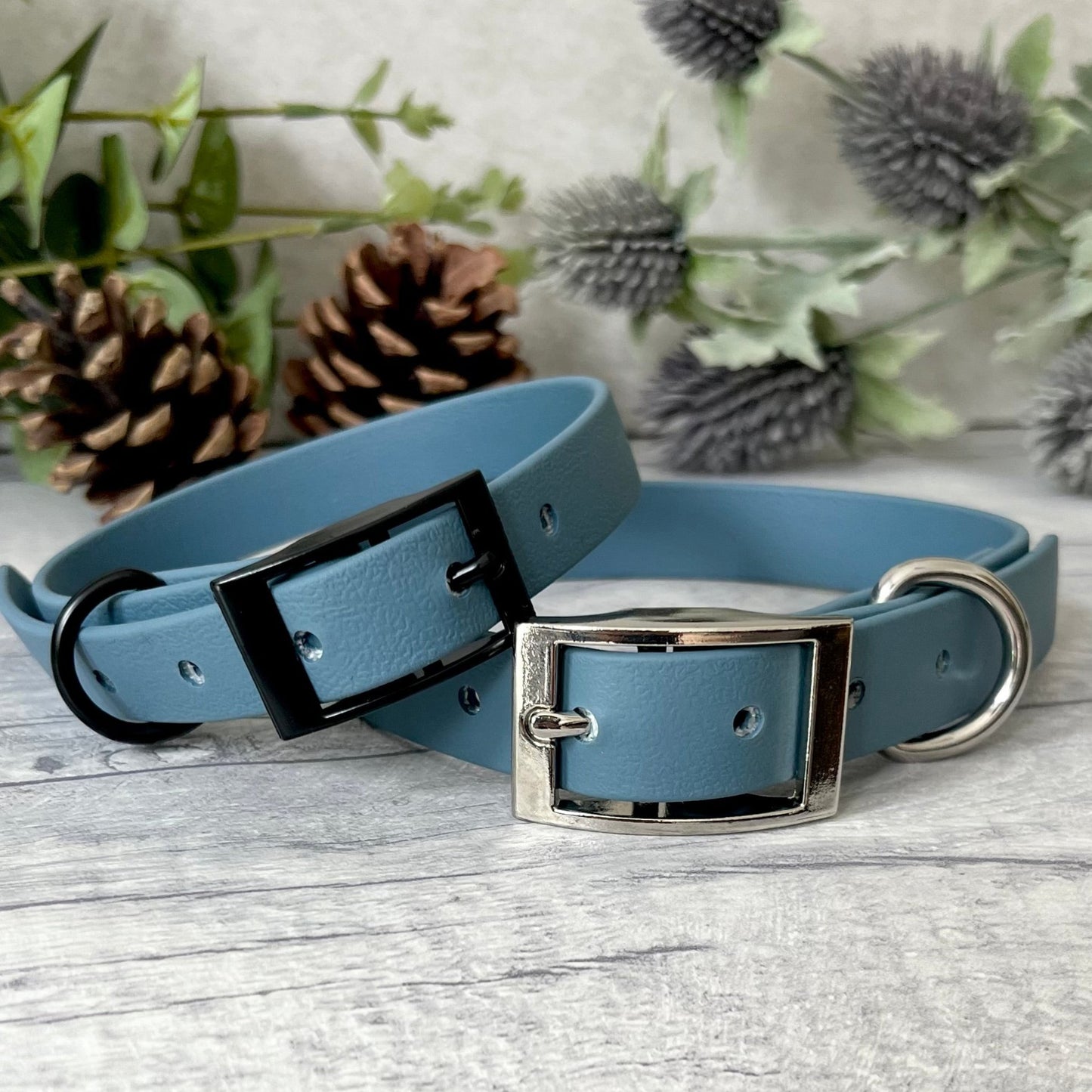 Two Petrol Blue Biothane dog collars with Black & Silver hardware. The collars are fastened with a buckle and have a d-ring. There are 5 punched holes spaced 2cm apart.