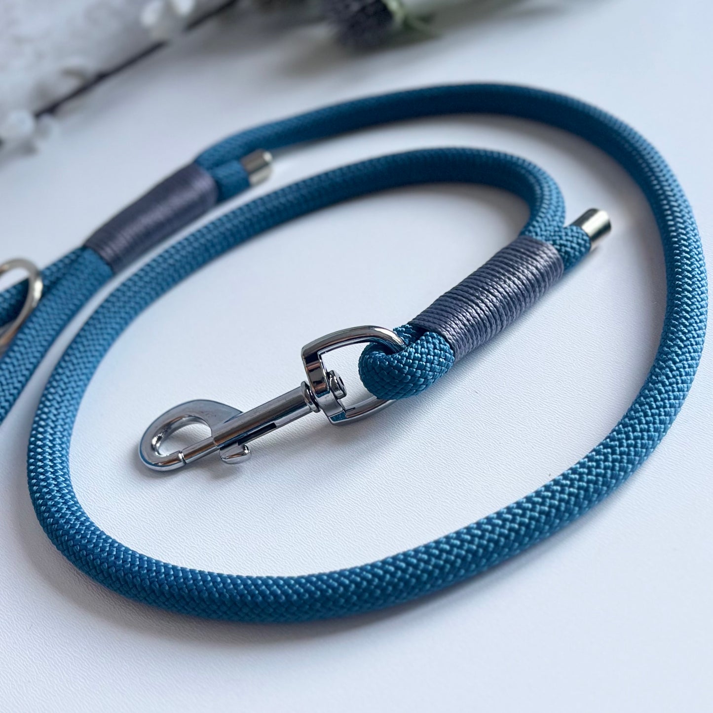 Petrol Blue rope dog lead with charcoal binding and silver hardware