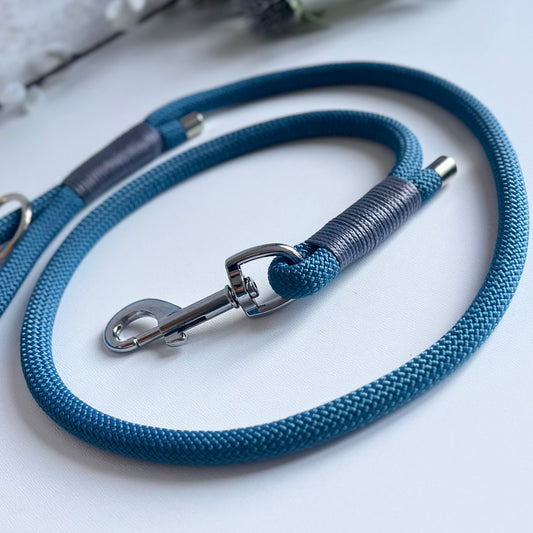 Petrol Blue rope dog lead with charcoal binding and silver hardware