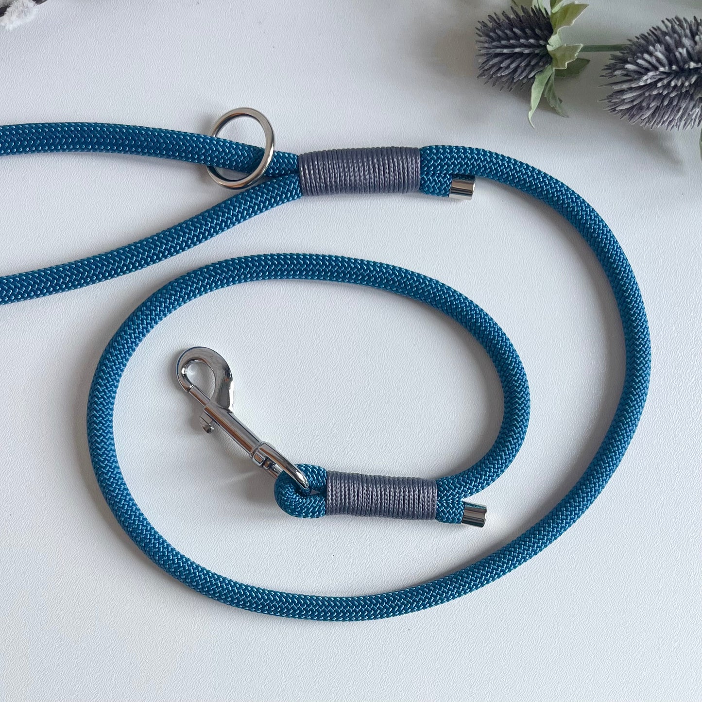 Petrol Blue rope dog lead with charcoal binding and silver hardware