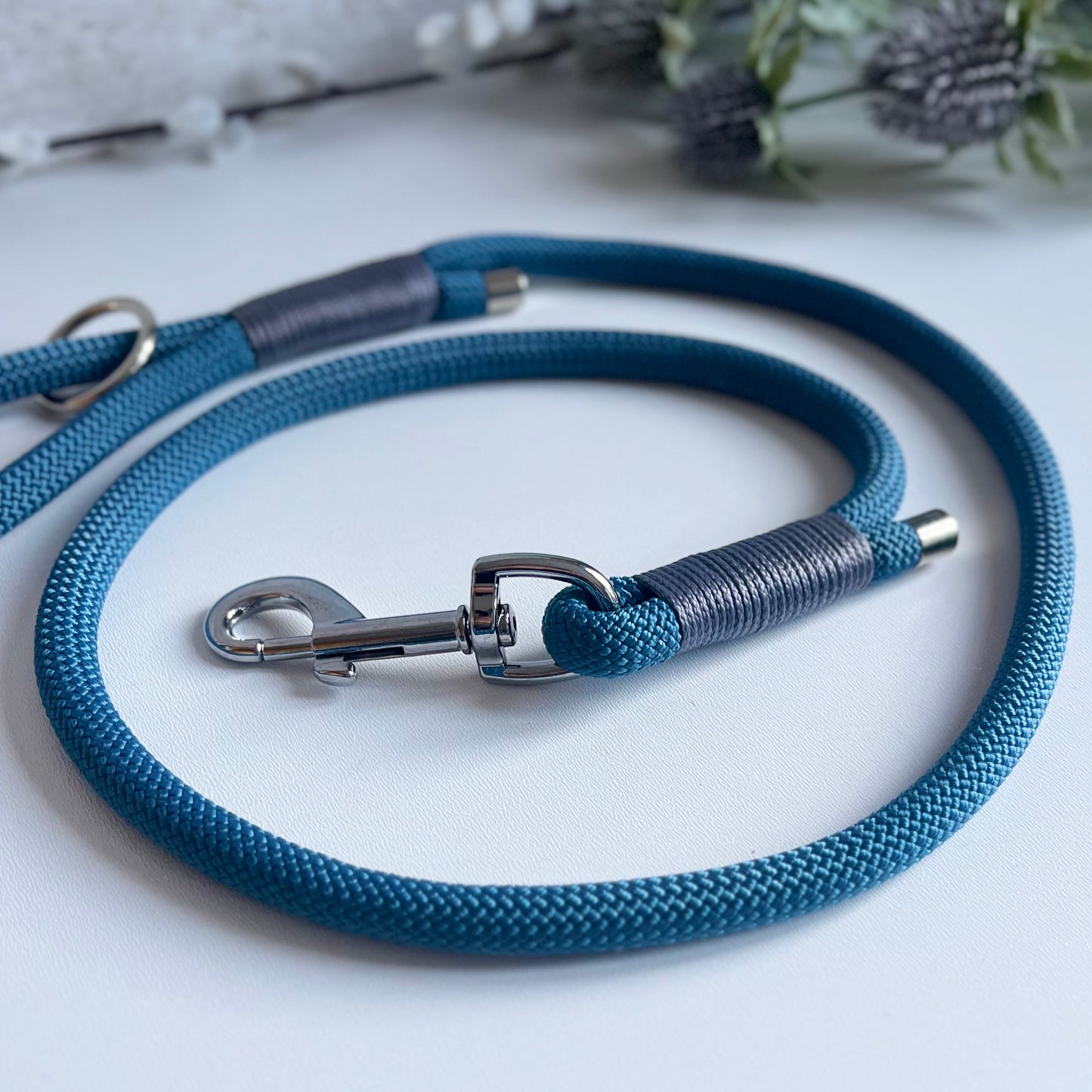 Petrol Blue rope dog lead with charcoal binding and silver hardware