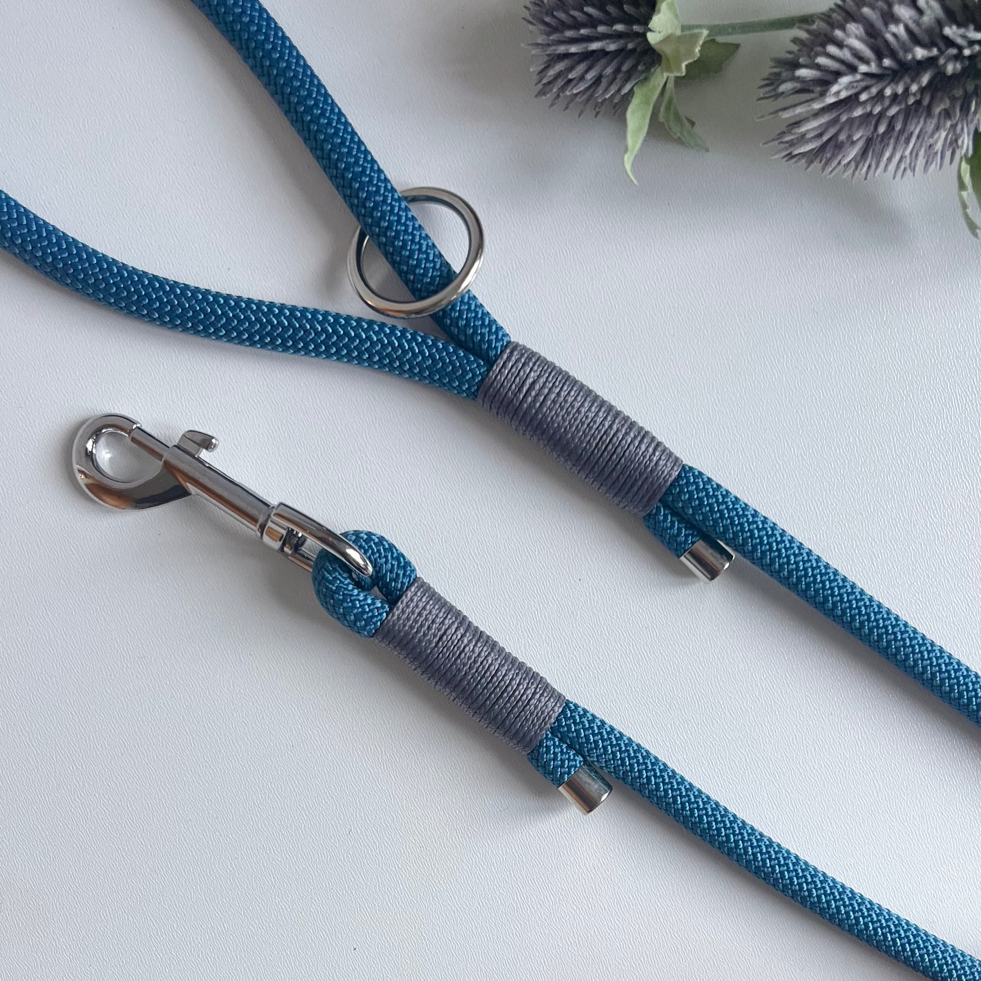 Petrol Blue rope dog lead with charcoal binding and silver hardware