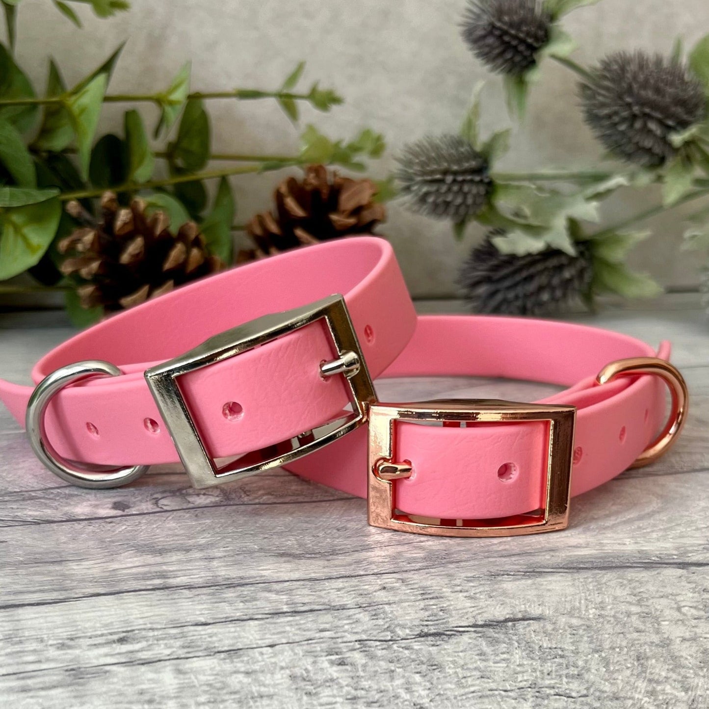 Two Pink Biothane dog collar with Silver & Rose Gold hardware. The collars are fastened with a buckle and have a d-ring. There are 5 punched holes spaced 2cm apart.