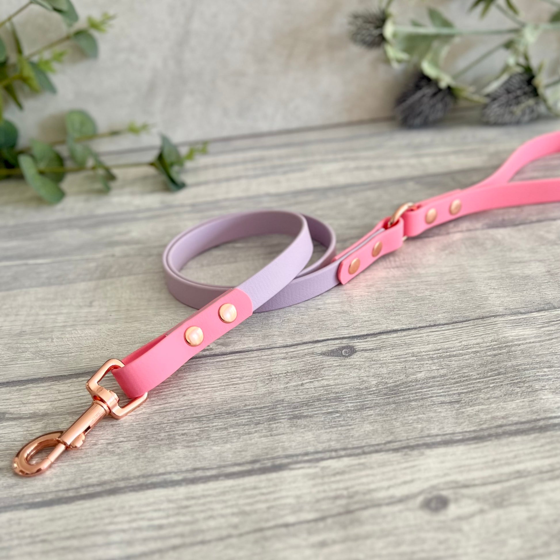 Two coloured Biothane dog lead. The handle and accent colour at the clip end of the lead is Pink, the mail lead colour is Lavender giving the lead a two tone look. The hardware is Rose Gold