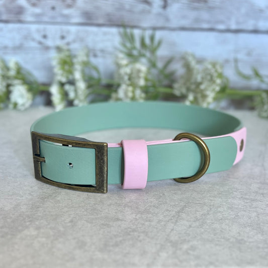 Two tone dog collar in Sage Green and Light Pink. The collar strap is two colous fixed together with a rivet. The collar has a Biothane strap keeper and a metal D-ring with 5 x punched holes. All hardware is Antique Brass