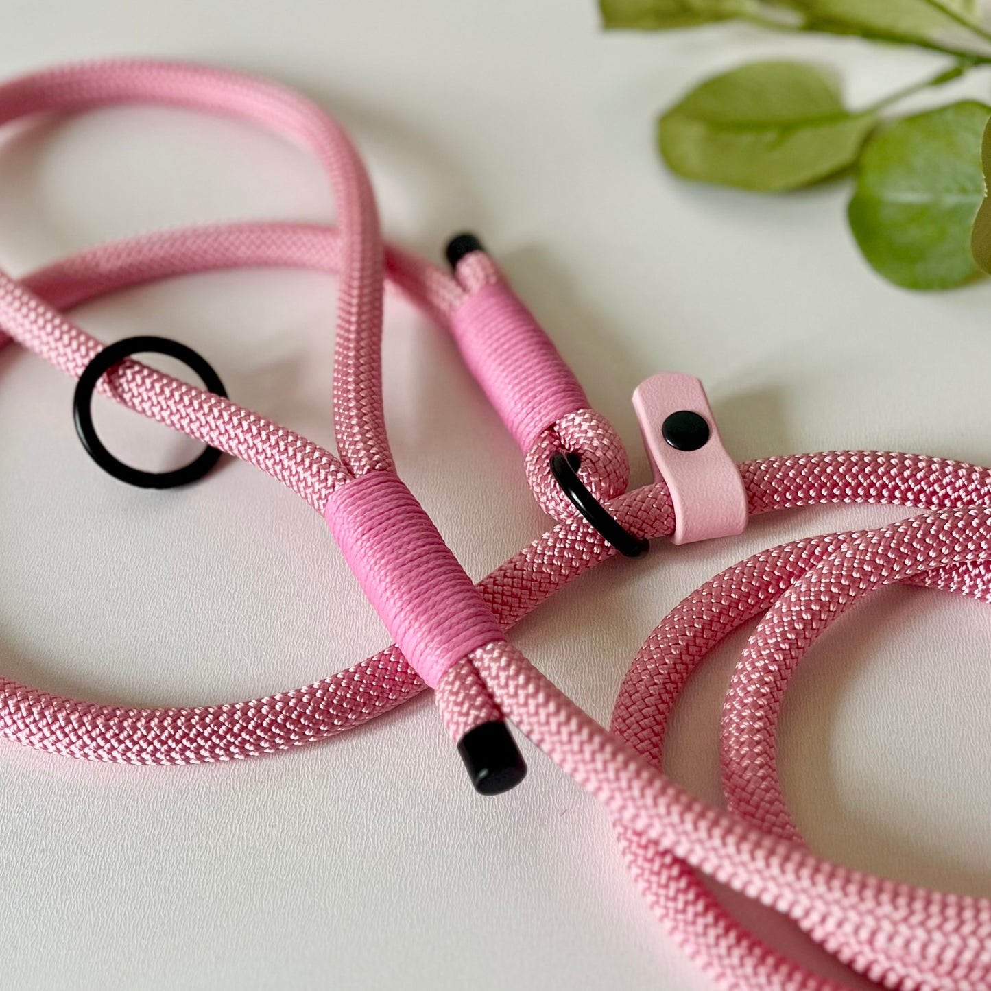 Pink slip lead with black hardware sitting on a white surface with leaves in the background