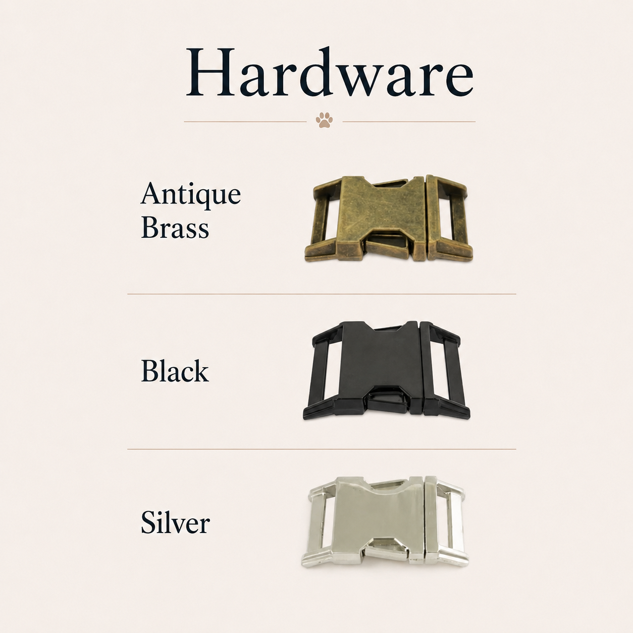 Three types of hardware buckles labeled 'Antique Brass', 'Black', and 'Silver' on a beige background.
