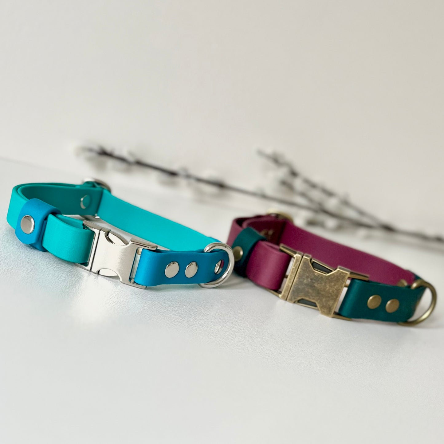 Two side release dog collars with different colours and hardware on a light background