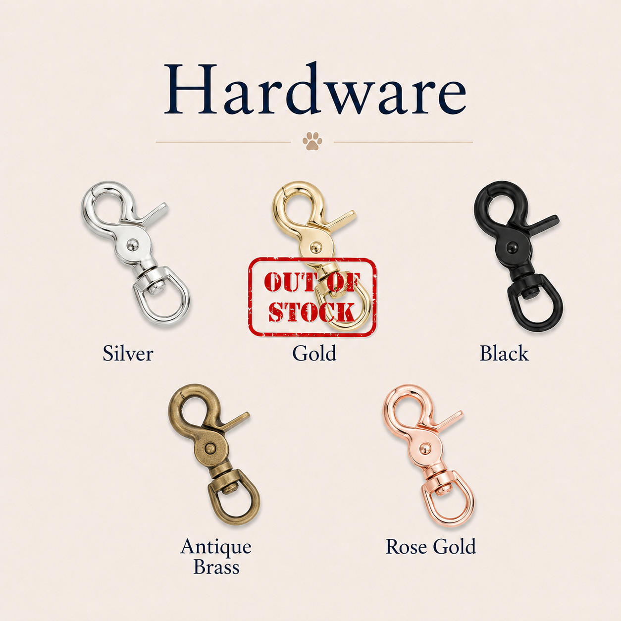 Collection of hardware carabiner clips in various colours with 'Out of Stock' label on beige background