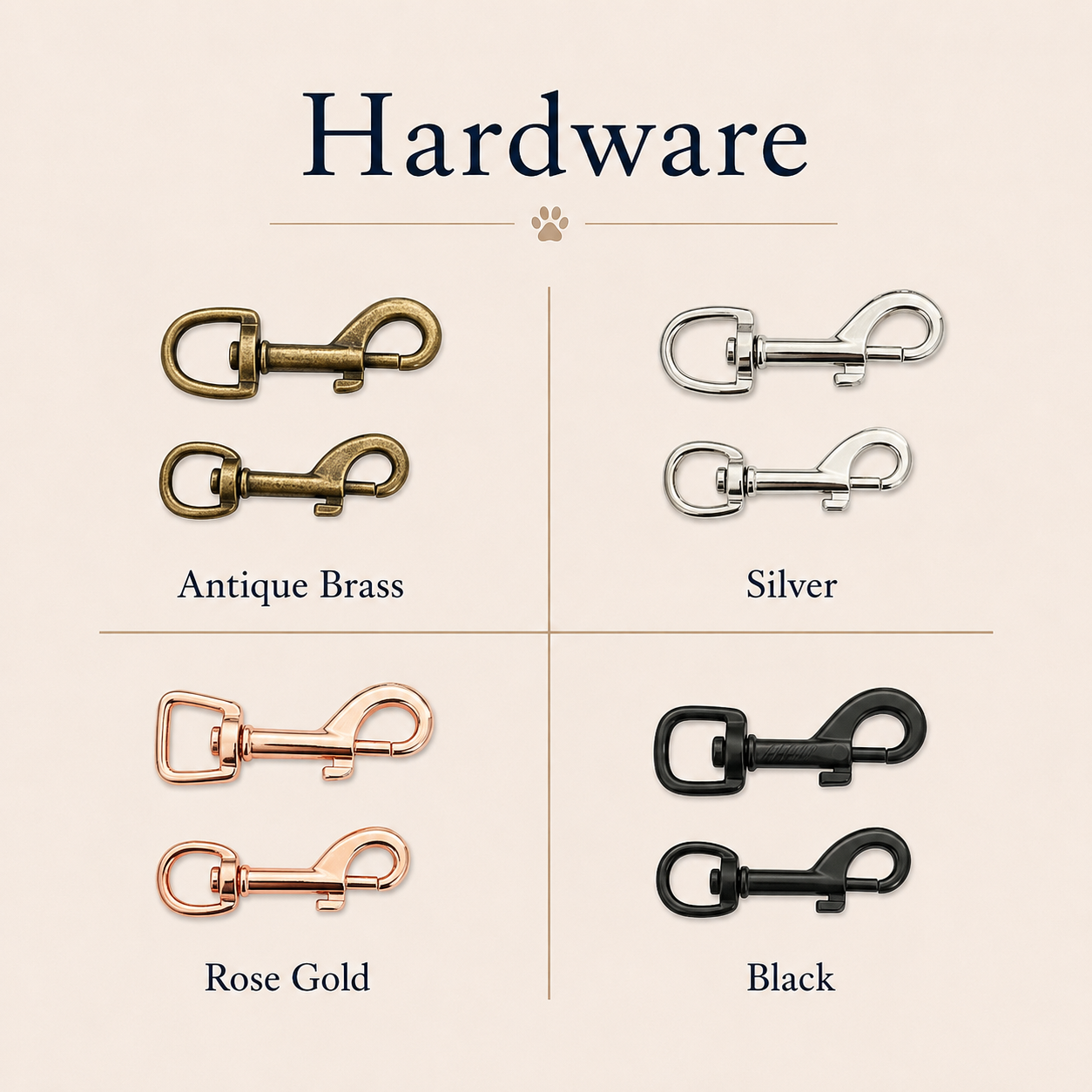 Various hardware options including Antique Brass, Silver, Rose Gold, and Black on a beige background.