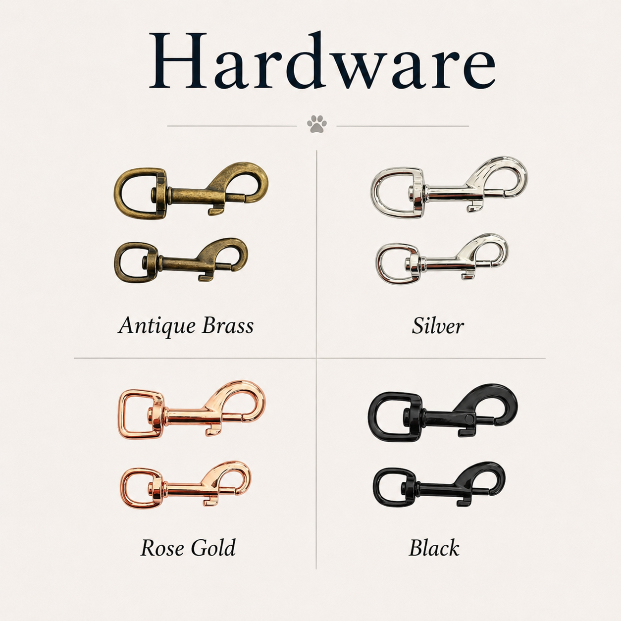 Various hardware options including Antique Brass, Silver, Rose Gold, and Black on a white background.