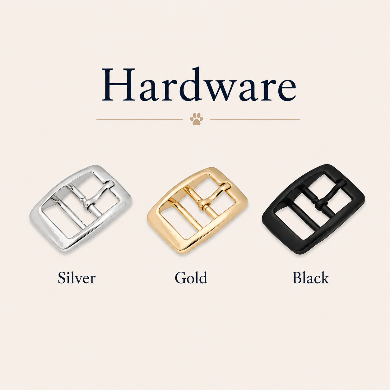 Three metal buckles in silver, gold, and black on a white background with 'Hardware' text above.