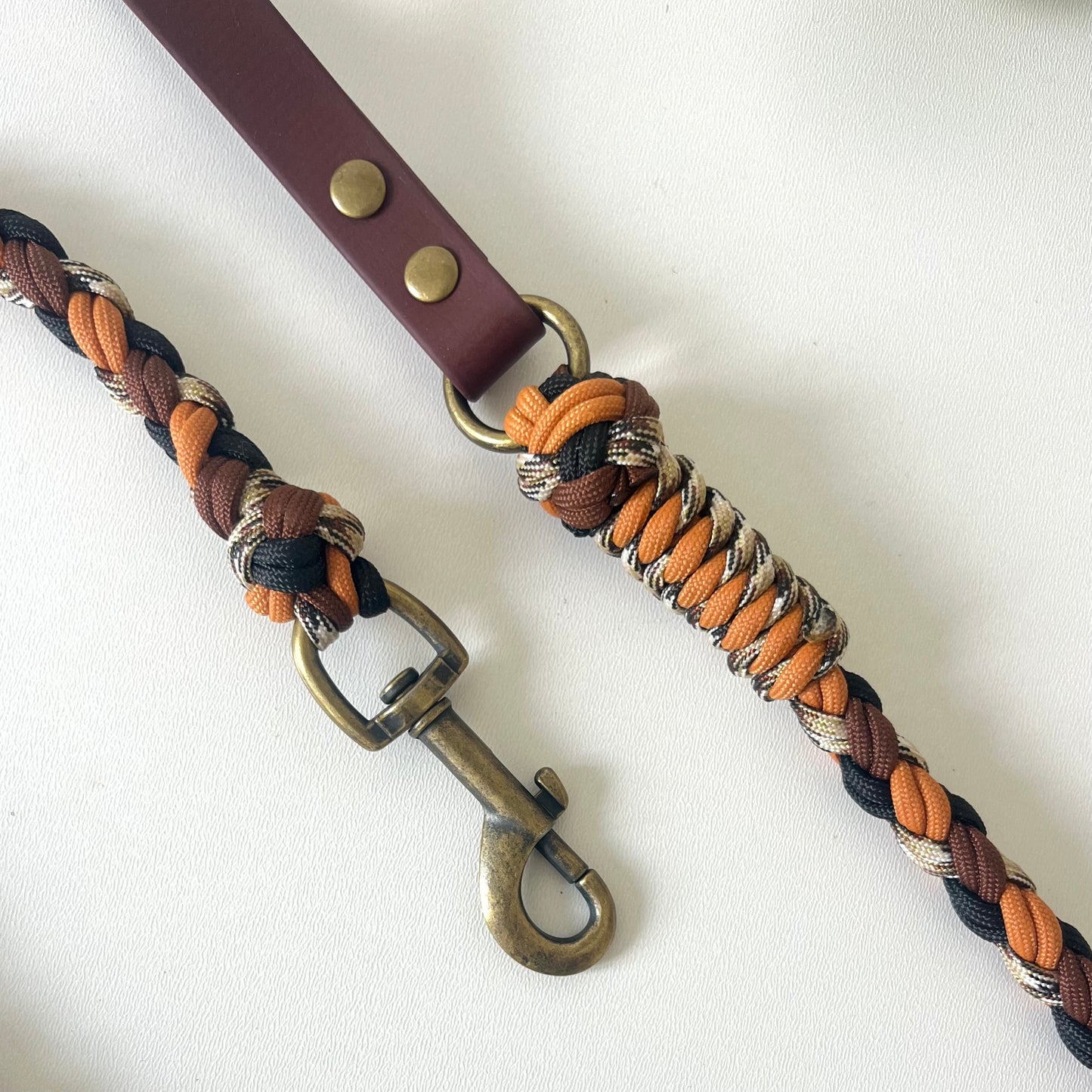 Dog leash with braided design and metal clip on a white background