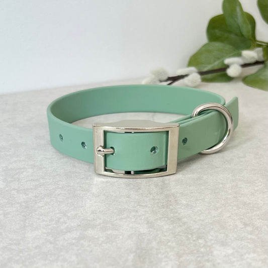 Biothane custom collar in Sage Green with Silver buckle and a D-ring. The collar has 5 holes which are spaced 2cm apart. Soft leather appearance