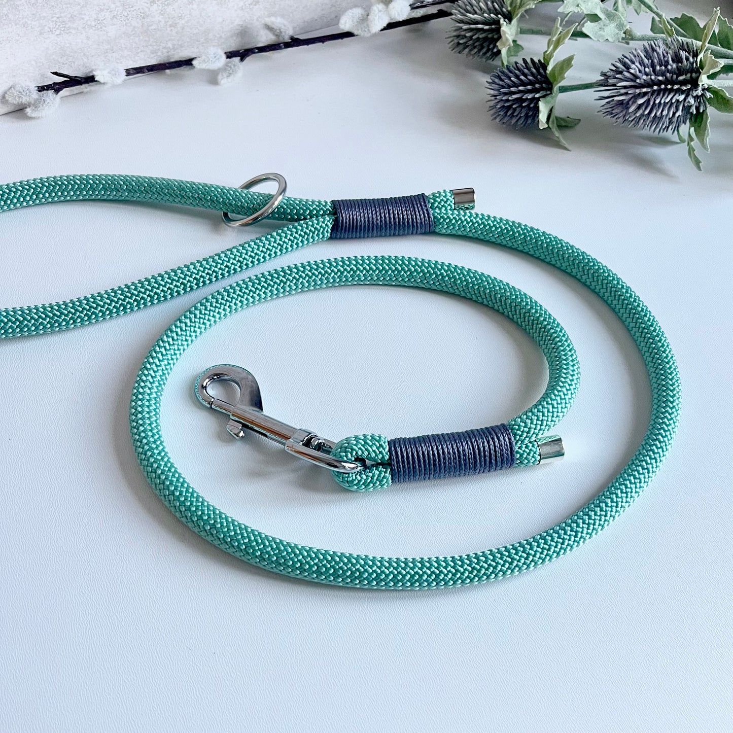 Sea green rope dog lead with silver hardware and charcoal whipping