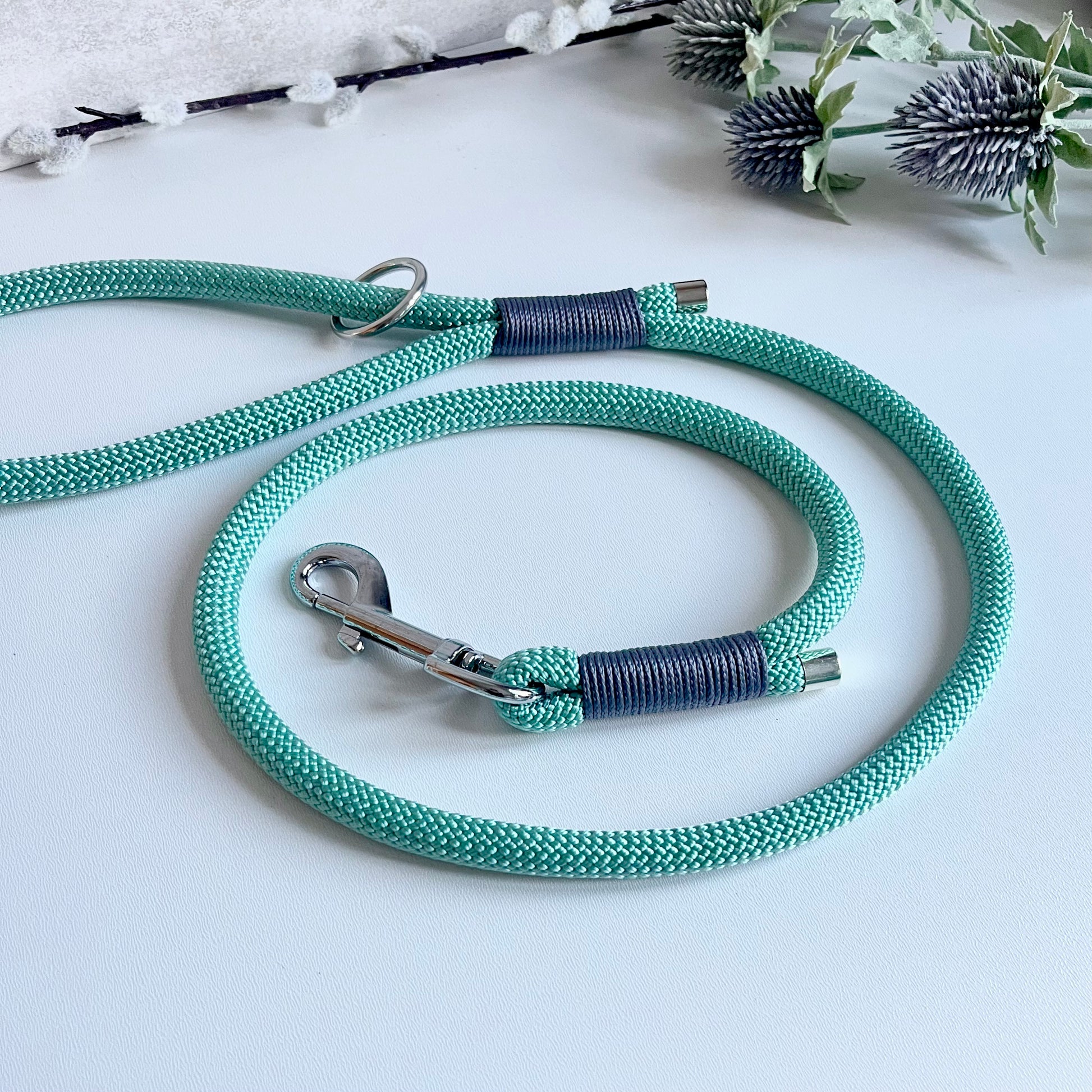 Sea green rope dog lead with silver hardware and charcoal whipping